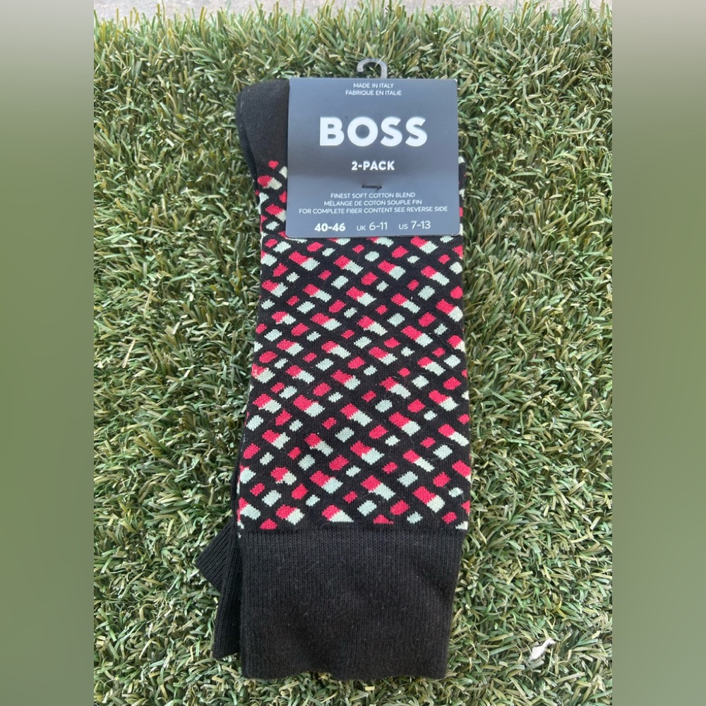 Men’s Hugo Boss Black and Red Dress Socks with Geometric Design
